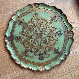 Vintage Green & Gold Round Florentine Tray